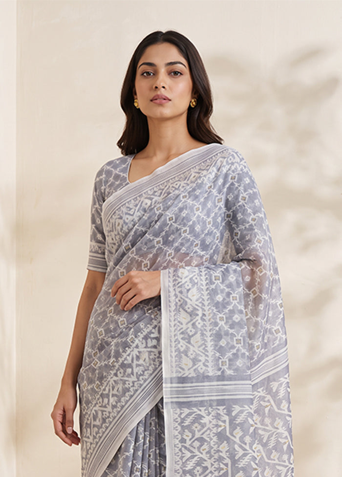 Grey Jamdani Cotton Saree Without Blouse Piece