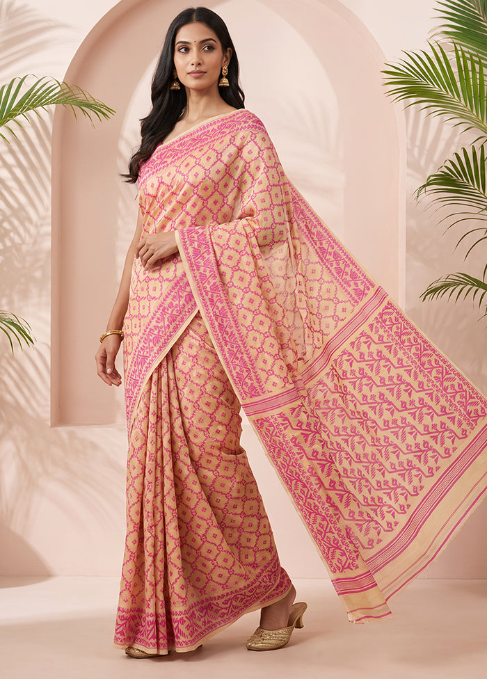 Cream Jamdani Cotton Saree Without Blouse Piece