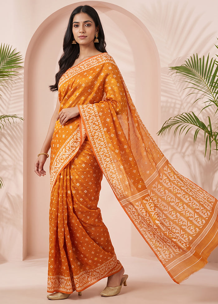 Rust Jamdani Cotton Saree Without Blouse Piece
