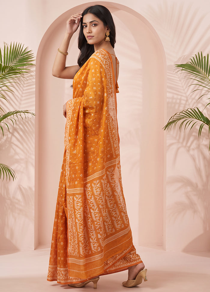 Rust Jamdani Cotton Saree Without Blouse Piece