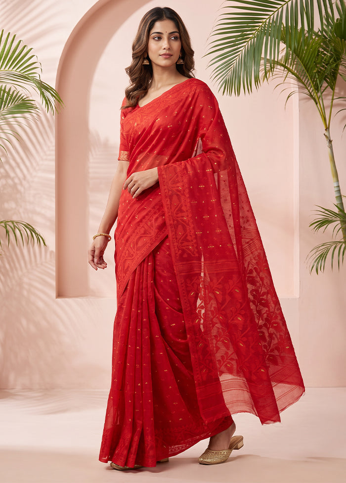 Red Jamdani Cotton Saree Without Blouse Piece