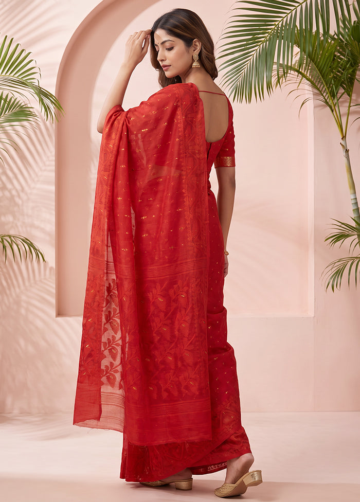 Red Jamdani Cotton Saree Without Blouse Piece