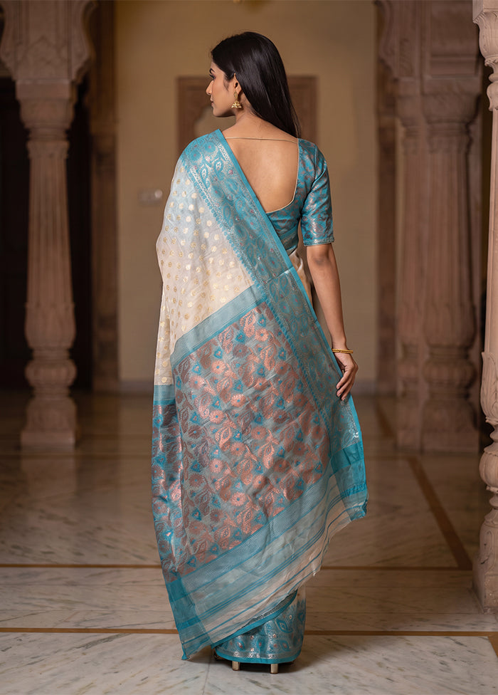 Blue Jamdani Cotton Saree Without Blouse Piece