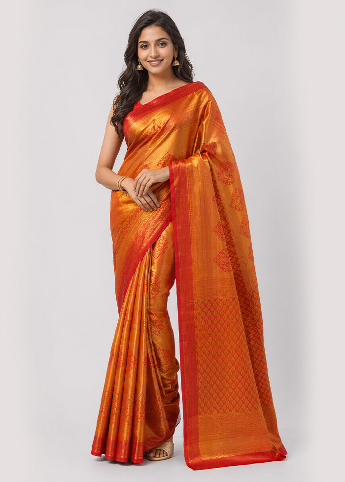 Peach Kanjivaram Silk Saree With Blouse Piece