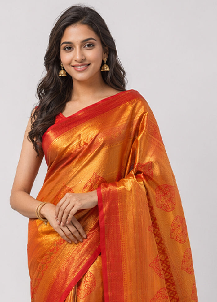Peach Kanjivaram Silk Saree With Blouse Piece