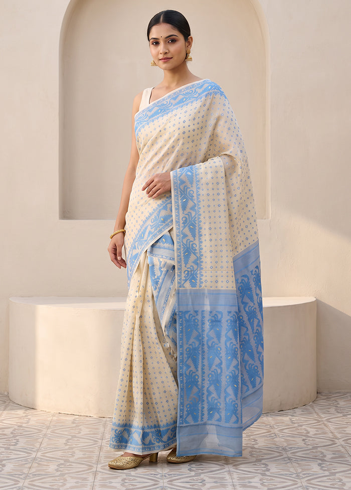 Blue Jamdani Cotton Saree Without Blouse Piece