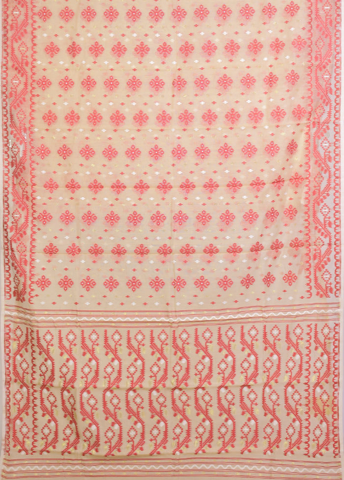 Cream Jamdani Cotton Saree Without Blouse Piece
