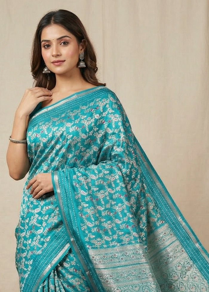 Blue Dupion Silk Saree With Blouse Piece