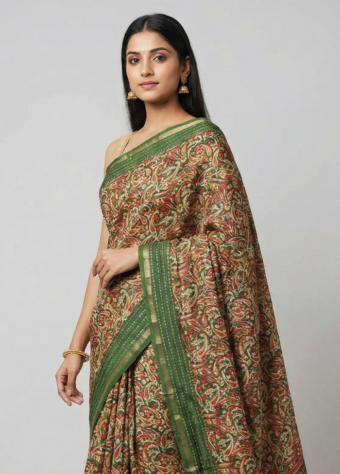 Green Dupion Silk Saree With Blouse Piece