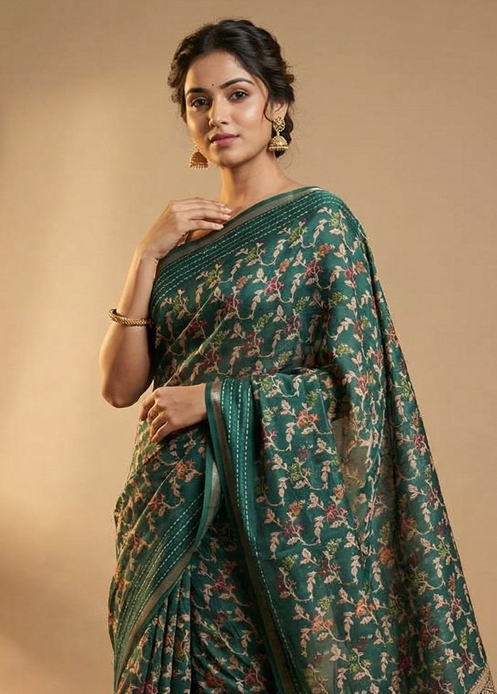 Green Dupion Silk Saree With Blouse Piece