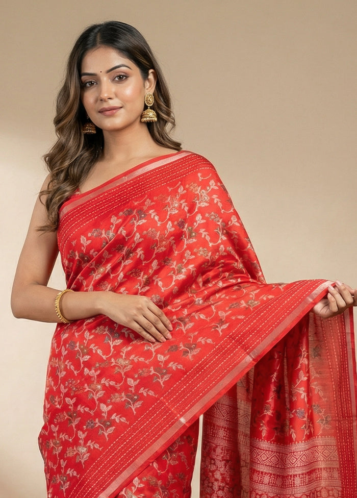 Red Dupion Silk Saree With Blouse Piece