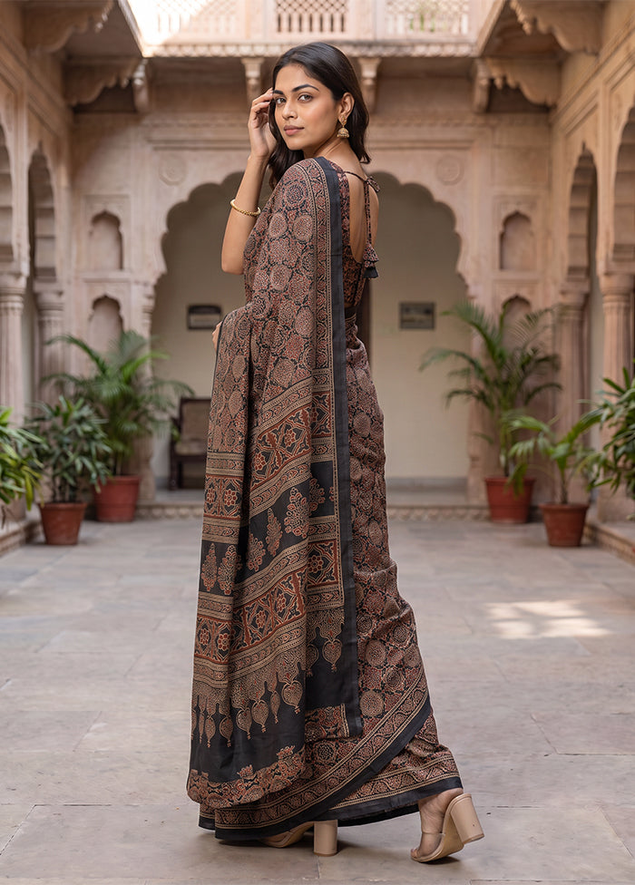 Black Printed Silk Saree Without Blouse Piece