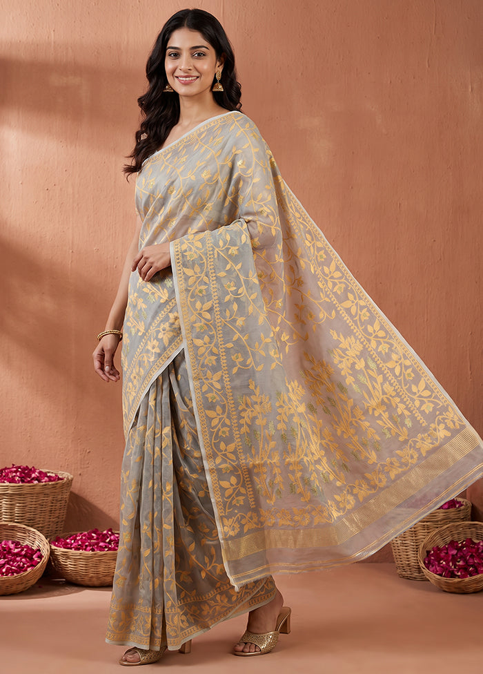 Grey Jamdani Cotton Saree Without Blouse Piece