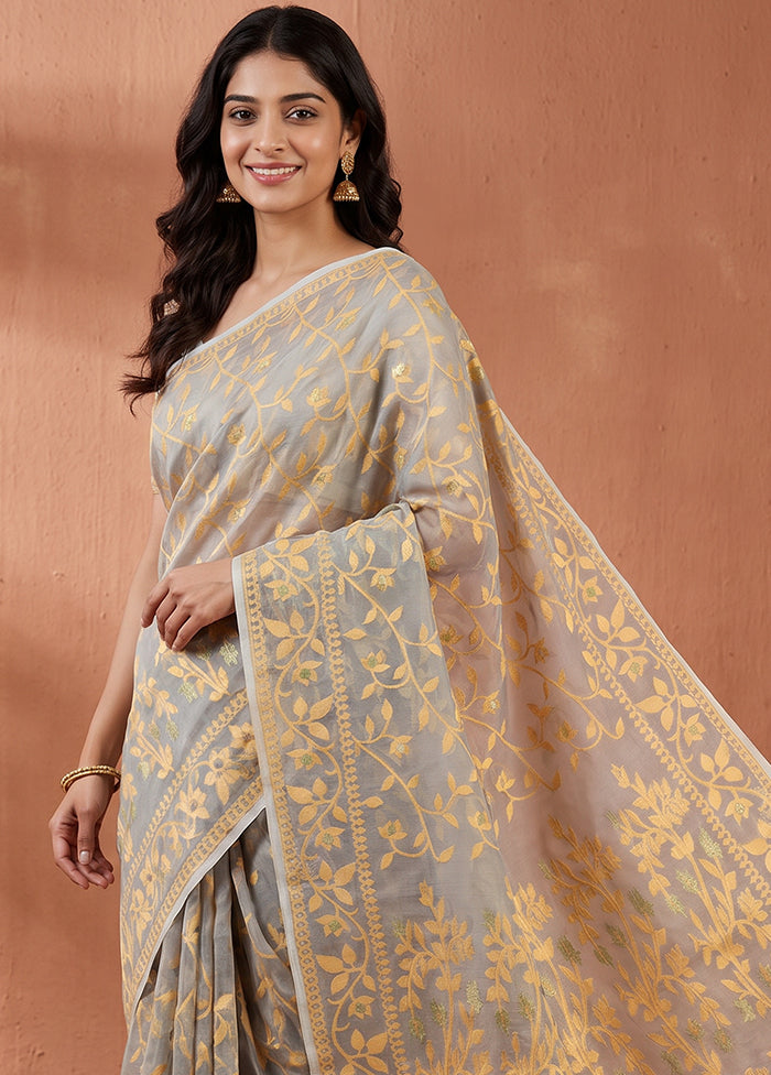 Grey Jamdani Cotton Saree Without Blouse Piece