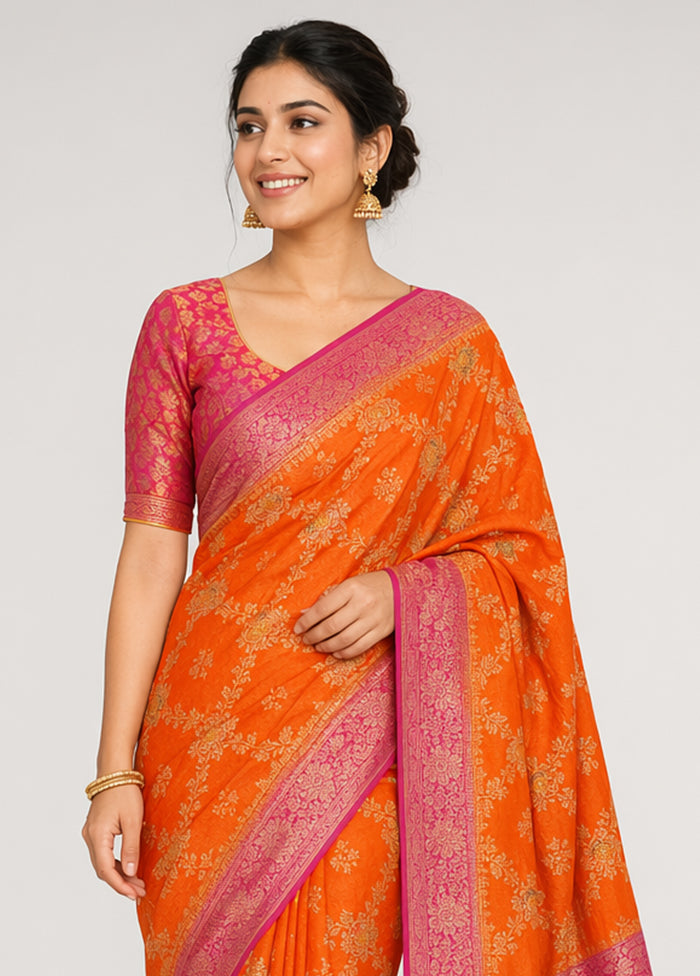 Orange Dupion Silk Saree With Blouse Piece