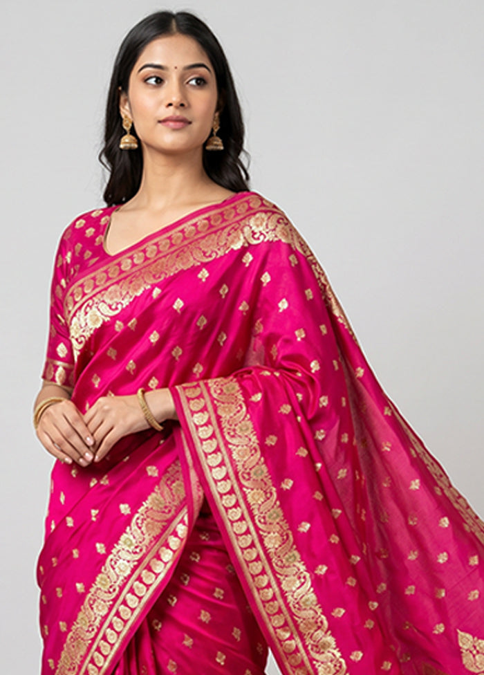 Pink Handloom Banarasi Pure Silk Saree With Blouse Piece