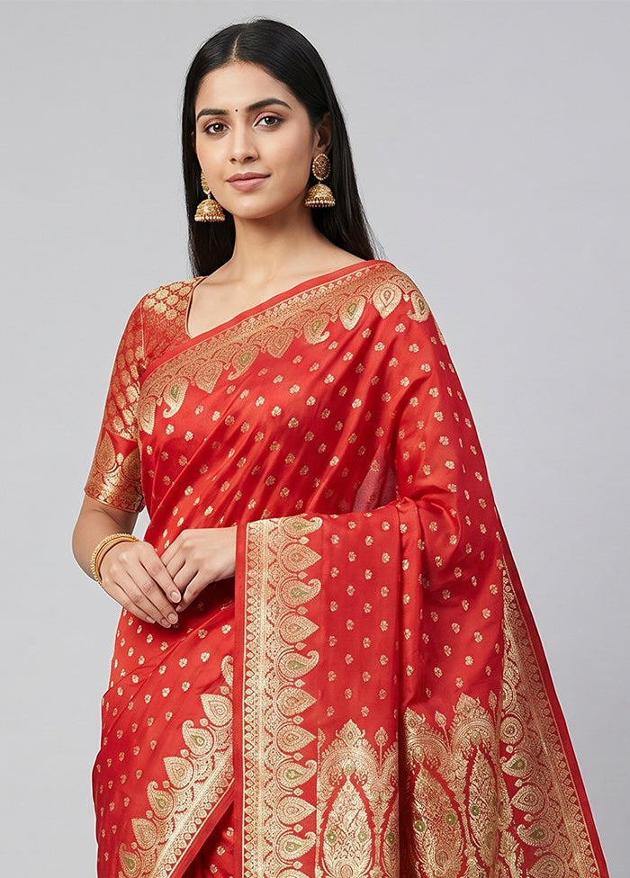 Red Handloom Banarasi Pure Silk Saree With Blouse Piece