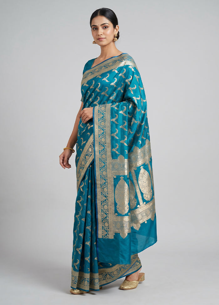 Blue Banarasi Silk Saree With Blouse Piece