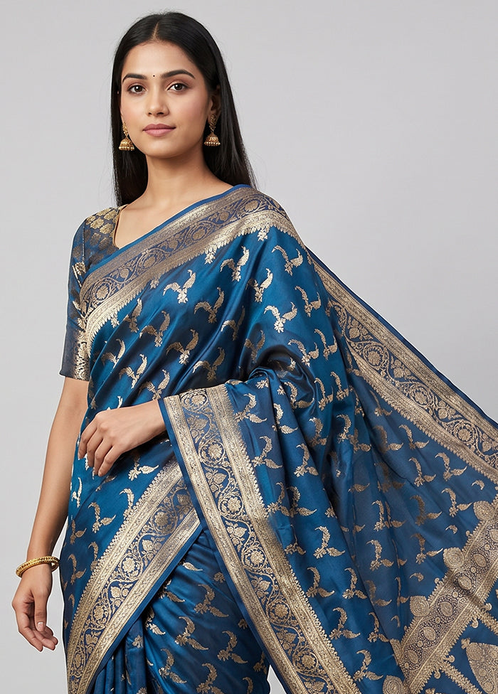 Blue Banarasi Silk Saree With Blouse Piece