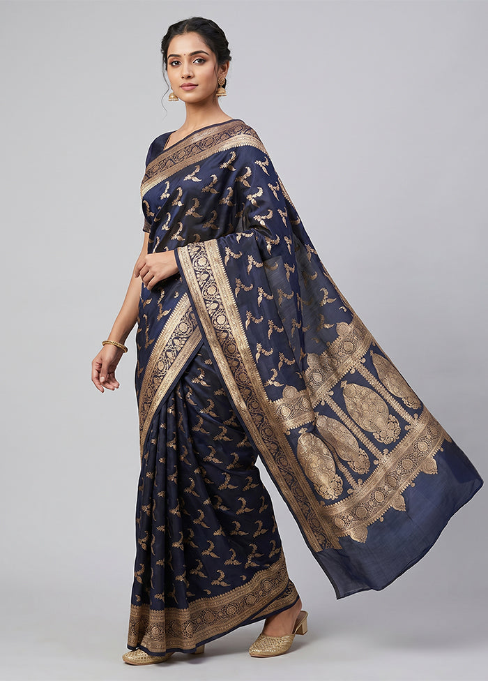 Blue Banarasi Silk Saree With Blouse Piece