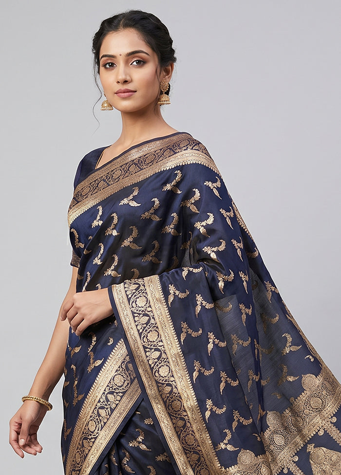 Blue Banarasi Silk Saree With Blouse Piece