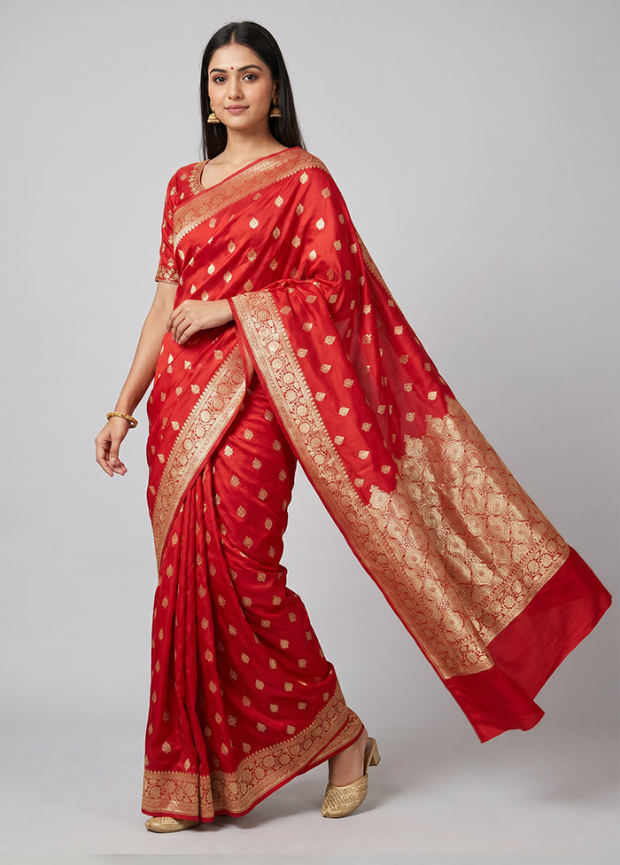 Red Banarasi Silk Saree With Blouse Piece