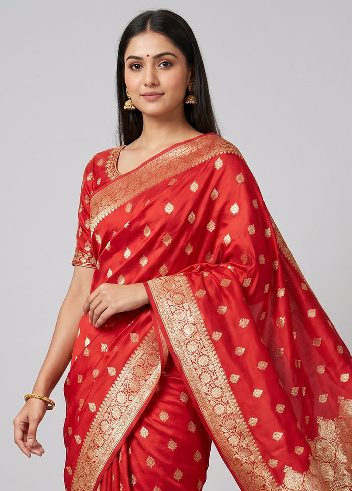 Red Banarasi Silk Saree With Blouse Piece