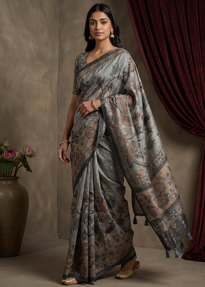 Grey Cotton Saree With Blouse Piece