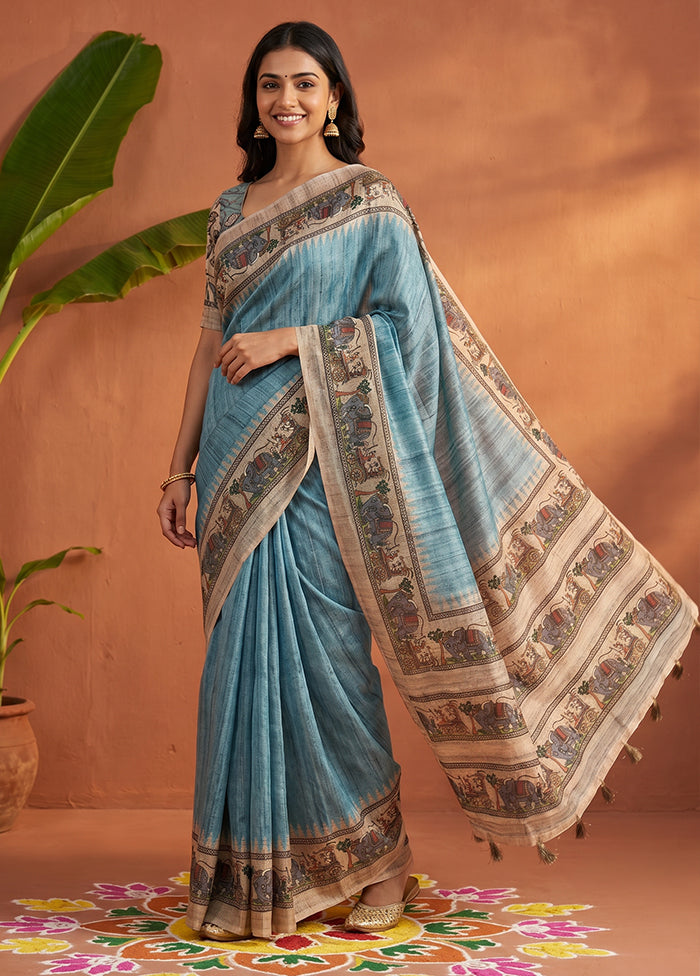 Blue Cotton Saree With Blouse Piece