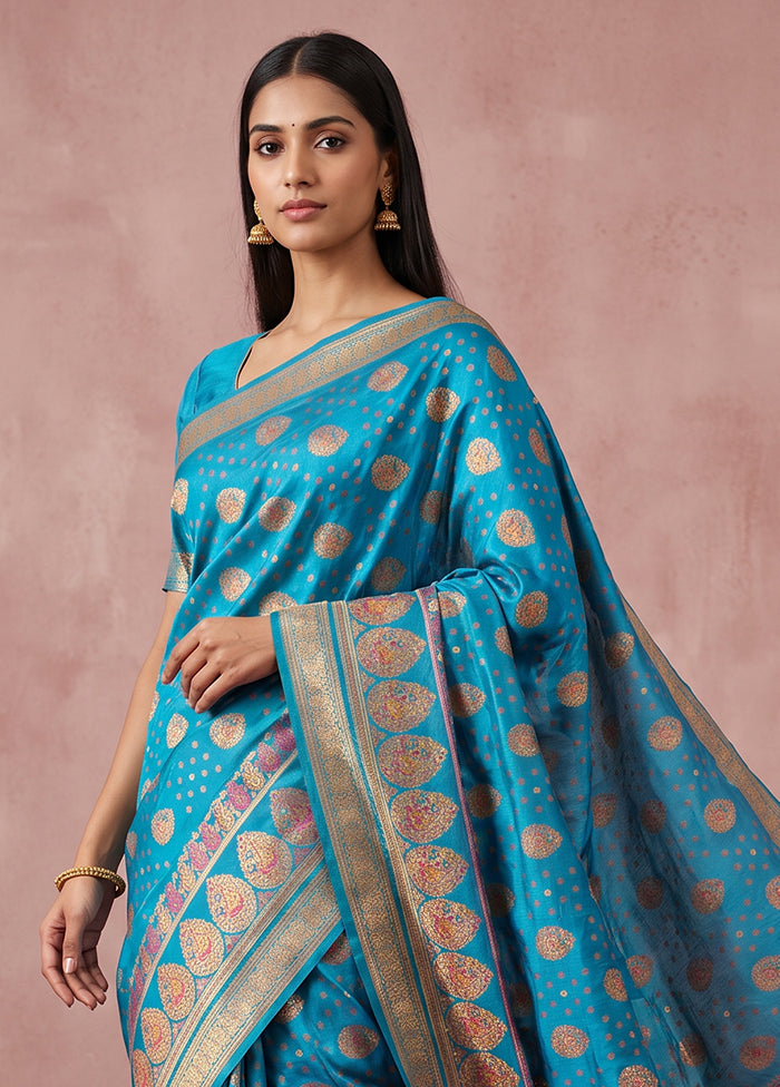 Blue Printed Pure Silk Saree Without Blouse Piece