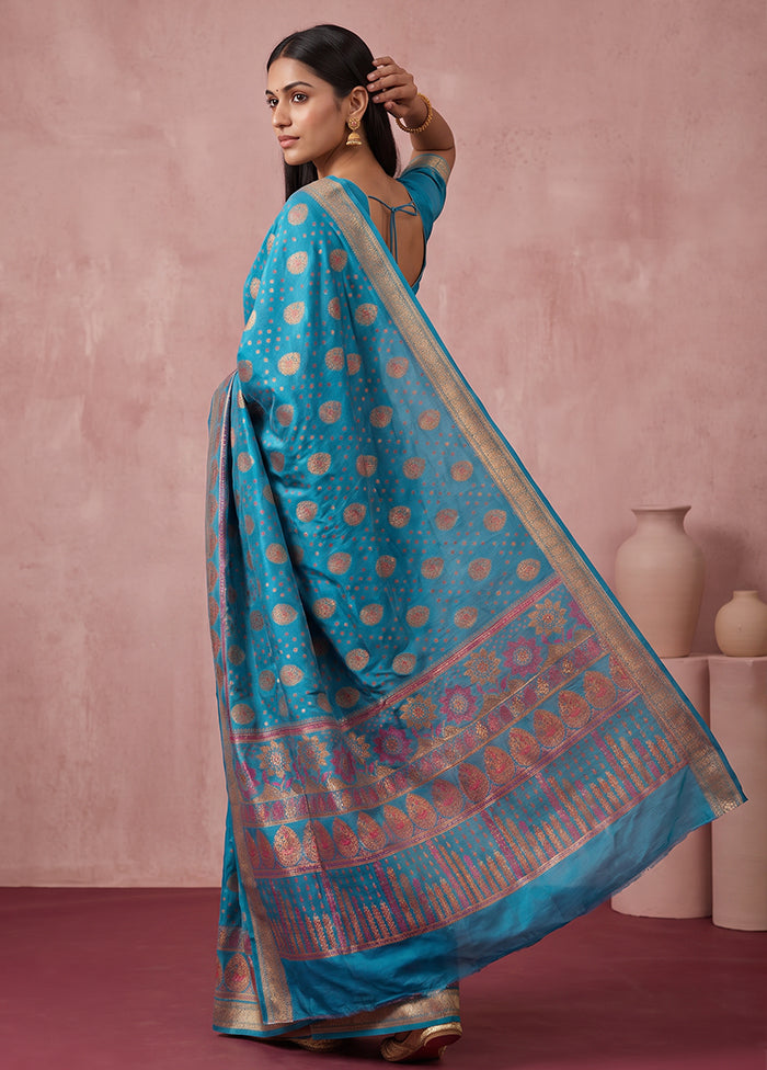 Blue Printed Pure Silk Saree Without Blouse Piece