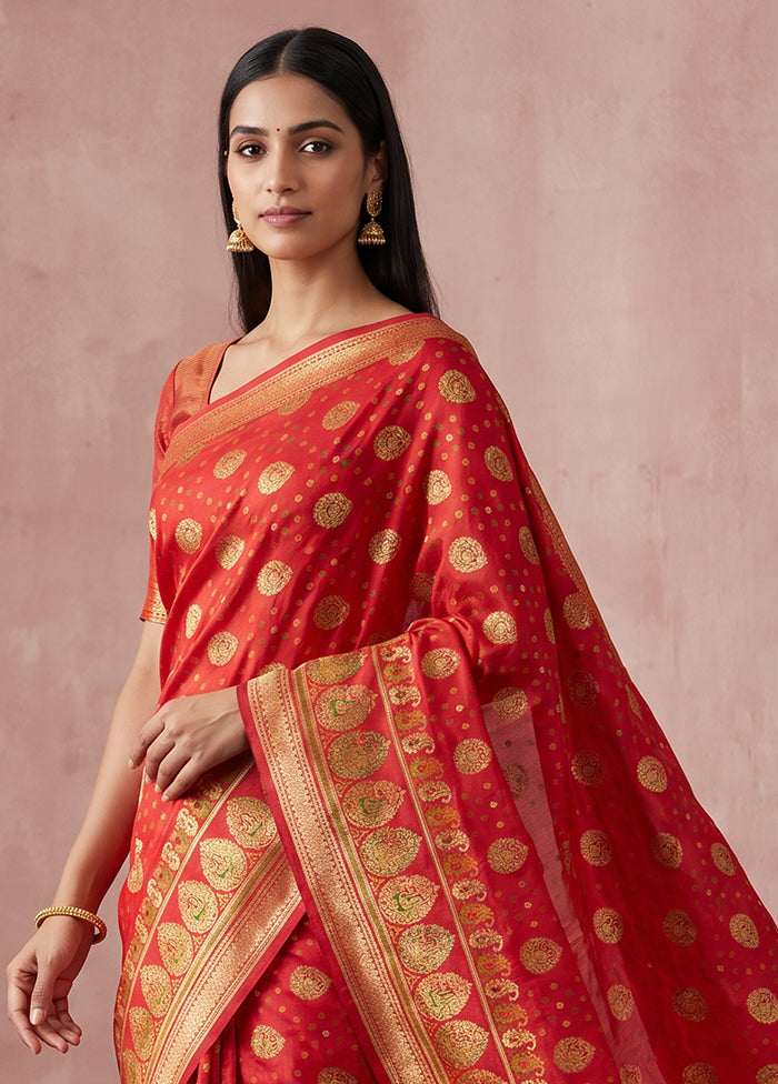Red Printed Pure Silk Saree Without Blouse Piece