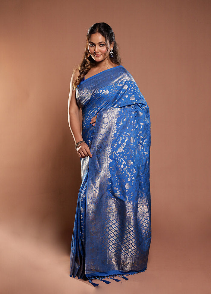 Blue Dupion Silk Saree With Blouse Piece