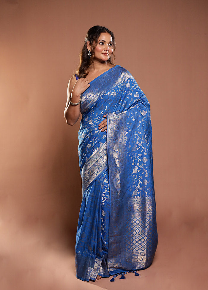 Blue Dupion Silk Saree With Blouse Piece