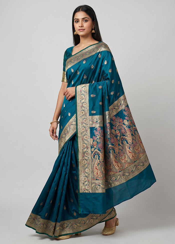 Blue Handloom Banarasi Pure Silk Saree With Blouse Piece