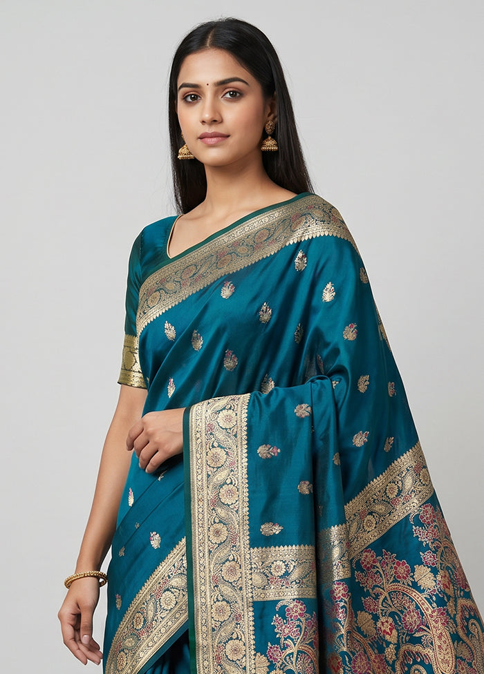 Blue Handloom Banarasi Pure Silk Saree With Blouse Piece