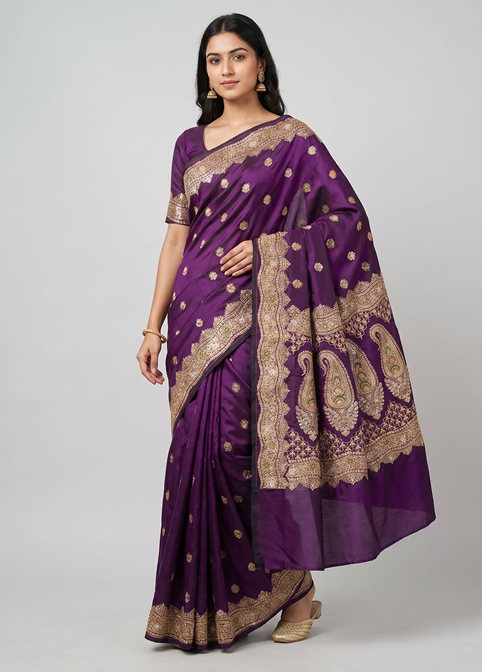Purple Handloom Banarasi Pure Silk Saree With Blouse Piece