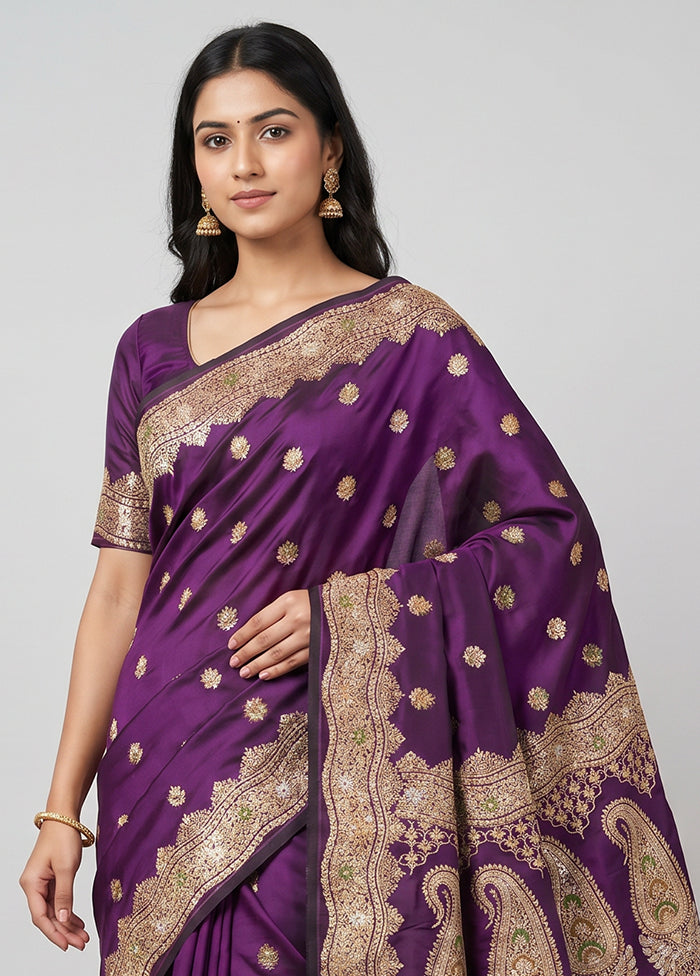 Purple Handloom Banarasi Pure Silk Saree With Blouse Piece