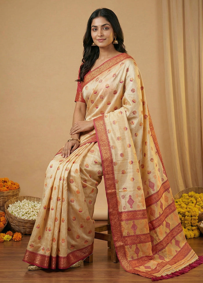 Cream Assam Silk Saree With Blouse Piece