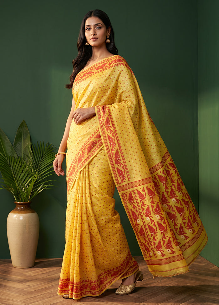 Yellow Jamdani Cotton Saree Without Blouse Piece