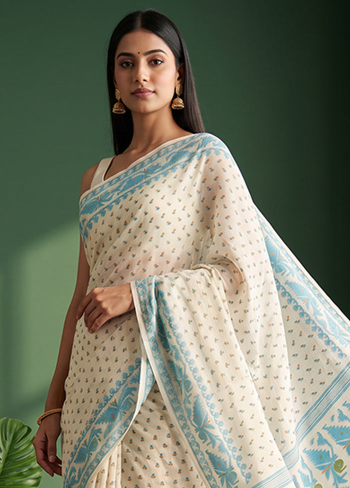 Cream Jamdani Cotton Saree Without Blouse Piece