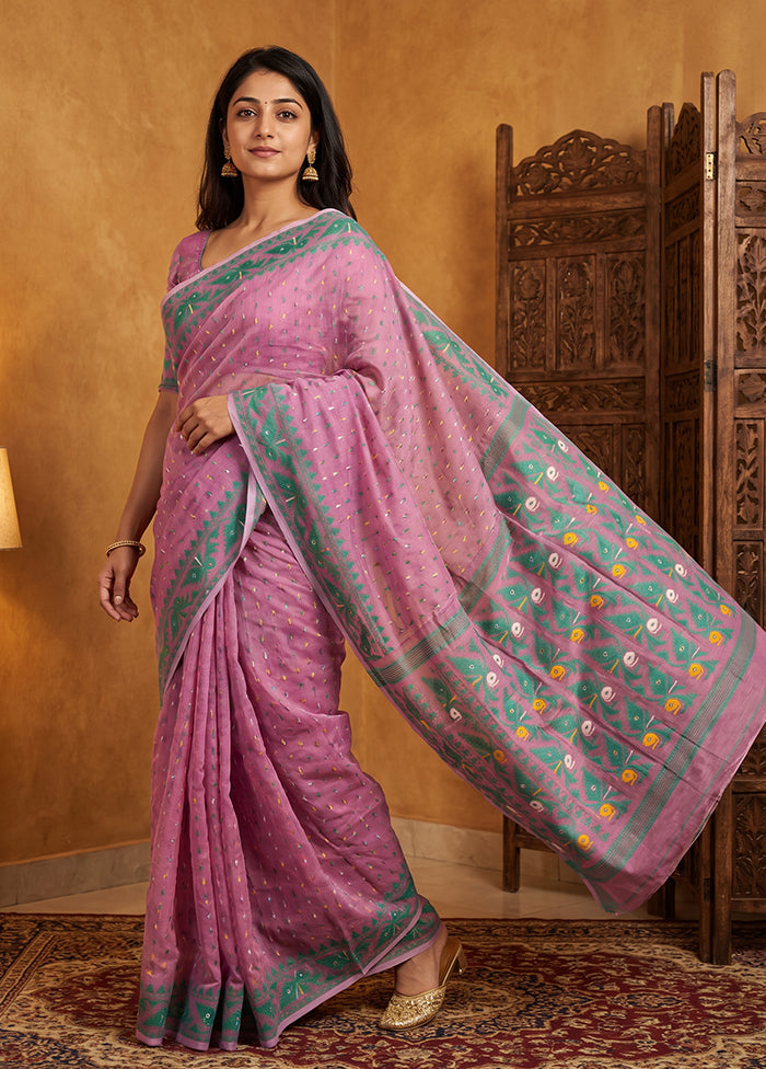 Pink Jamdani Cotton Saree Without Blouse Piece
