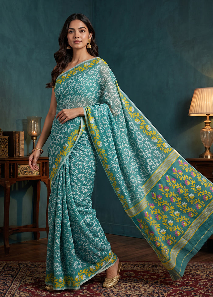 Blue Jamdani Cotton Saree Without Blouse Piece