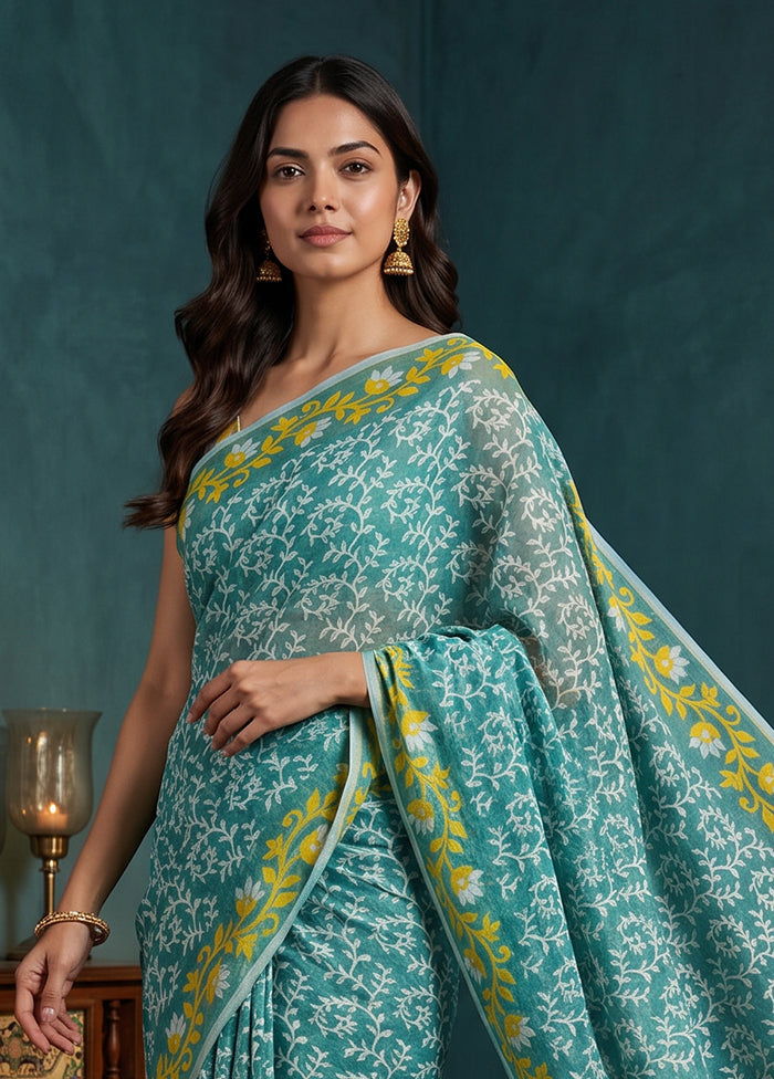 Blue Jamdani Cotton Saree Without Blouse Piece