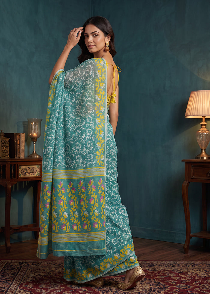 Blue Jamdani Cotton Saree Without Blouse Piece