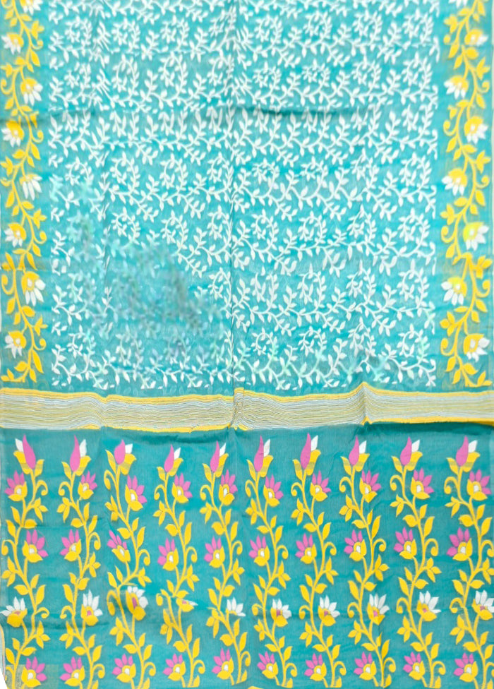 Blue Jamdani Cotton Saree Without Blouse Piece