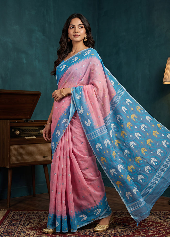 Blue Jamdani Cotton Saree Without Blouse Piece