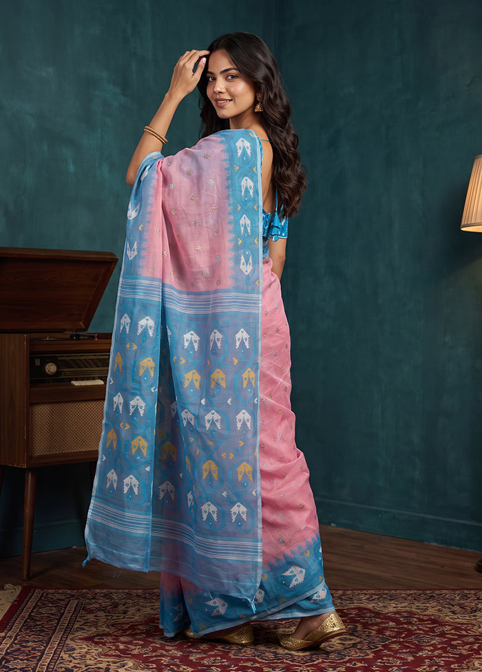 Blue Jamdani Cotton Saree Without Blouse Piece
