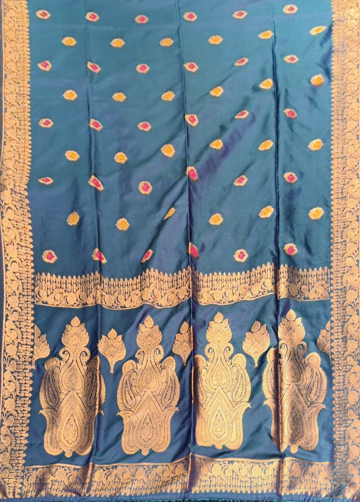 Blue Dupion Silk Saree With Blouse Piece