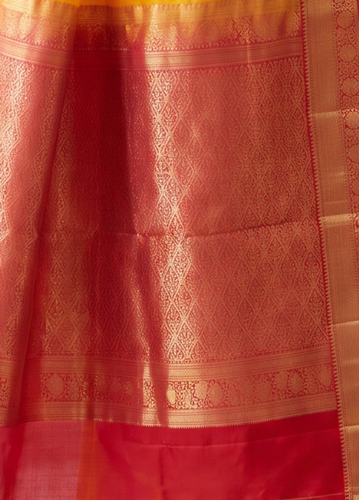 Yellow Handloom Kanjivaram Pure Silk Saree With Blouse Piece